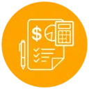 Financial planning icon with a document, dollar symbol, calculator, and checklist.