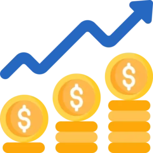 Growing financial chart with stacked coins and upward arrow.